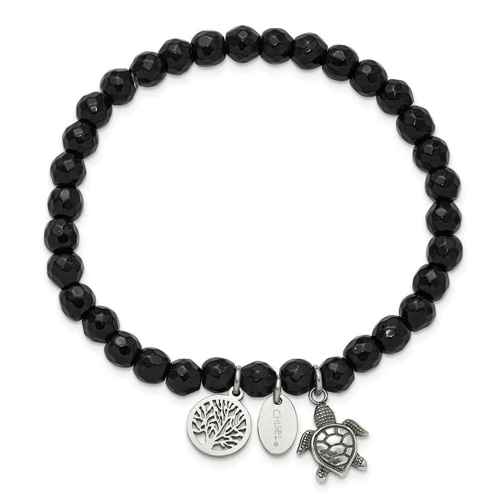 Chisel Stainless Steel Antiqued and Polished Turtle and Tree of Life Dangles 6mm Black Agate Beaded 6.25 inch Stretch Bracelet SRB3244