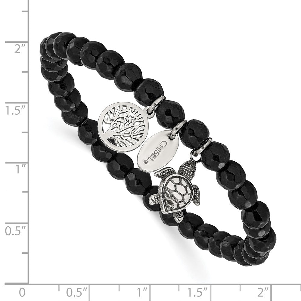 Chisel Stainless Steel Antiqued and Polished Turtle and Tree of Life Dangles 6mm Black Agate Beaded 6.25 inch Stretch Bracelet SRB3244