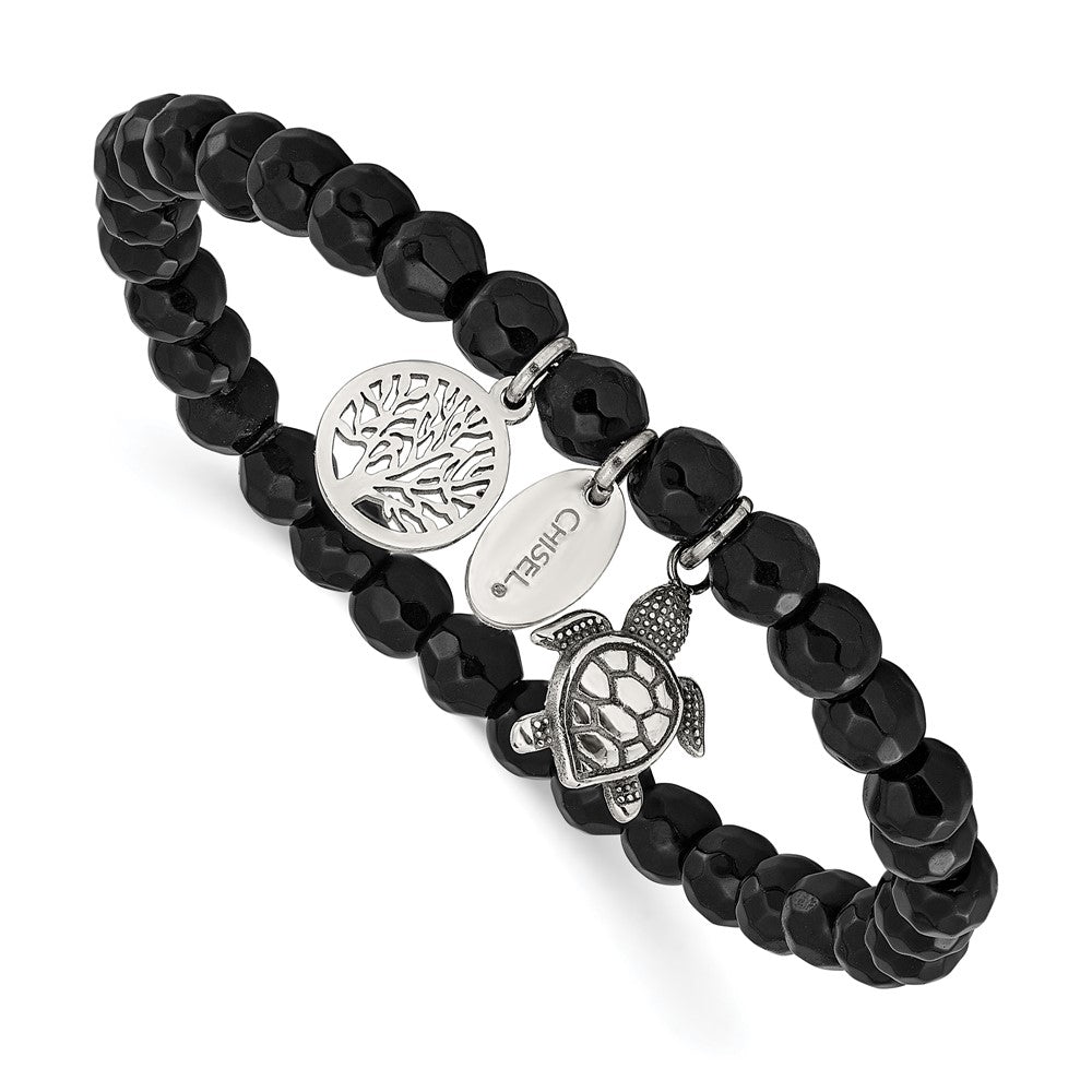 Chisel Stainless Steel Antiqued and Polished Turtle and Tree of Life Dangles 6mm Black Agate Beaded 6.25 inch Stretch Bracelet SRB3244