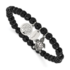 Chisel Stainless Steel Antiqued and Polished Turtle and Tree of Life Dangles 6mm Black Agate Beaded 6.25 inch Stretch Bracelet SRB3244