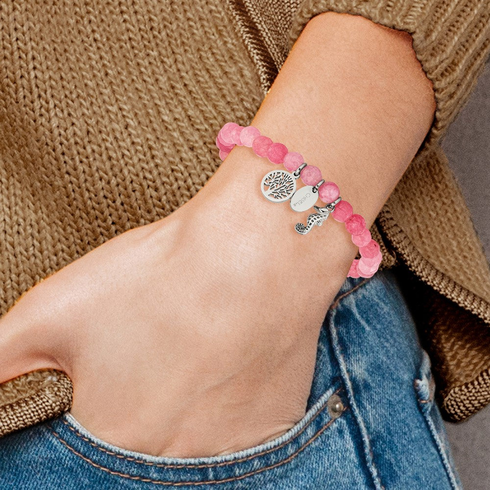 Chisel Stainless Steel Polished Seahorse and Tree of Life Dangles 6mm Pink Jade Beaded 6.25 inch Stretch Bracelet SRB3245