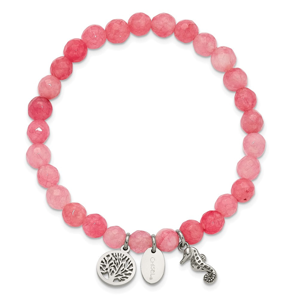 Chisel Stainless Steel Polished Seahorse and Tree of Life Dangles 6mm Pink Jade Beaded 6.25 inch Stretch Bracelet SRB3245