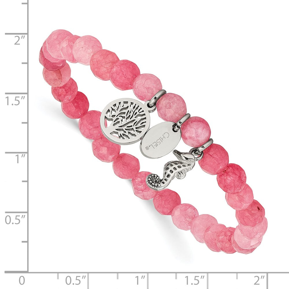 Chisel Stainless Steel Polished Seahorse and Tree of Life Dangles 6mm Pink Jade Beaded 6.25 inch Stretch Bracelet SRB3245