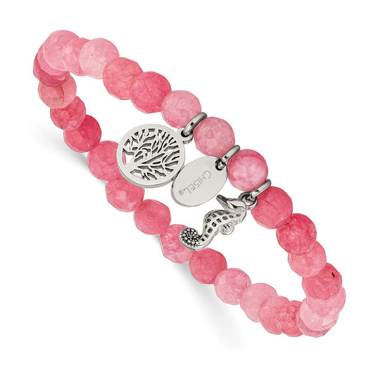 Chisel Stainless Steel Polished Seahorse and Tree of Life Dangles 6mm Pink Jade Beaded 6.25 inch Stretch Bracelet SRB3245