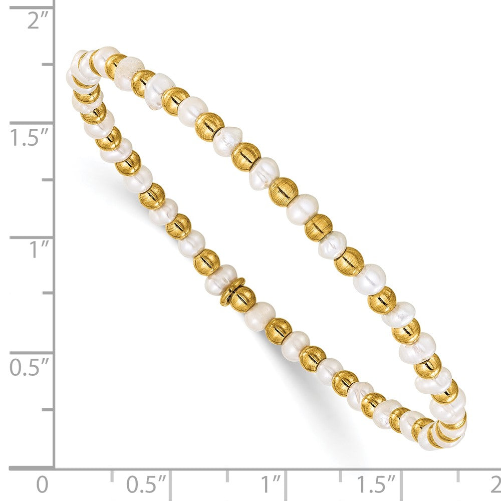 Chisel Stainless Steel Polished Yellow IP-plated 3mm White Freshwater Cultured Pearl Beaded 6.5 inch Stretch Bracelet SRB3249