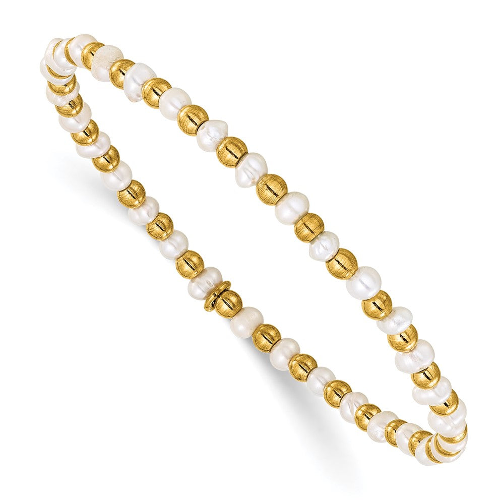 Chisel Stainless Steel Polished Yellow IP-plated 3mm White Freshwater Cultured Pearl Beaded 6.5 inch Stretch Bracelet SRB3249