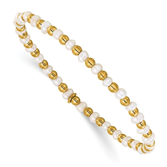 Chisel Stainless Steel Polished Yellow IP-plated 3mm White Freshwater Cultured Pearl Beaded 6.5 inch Stretch Bracelet SRB3249