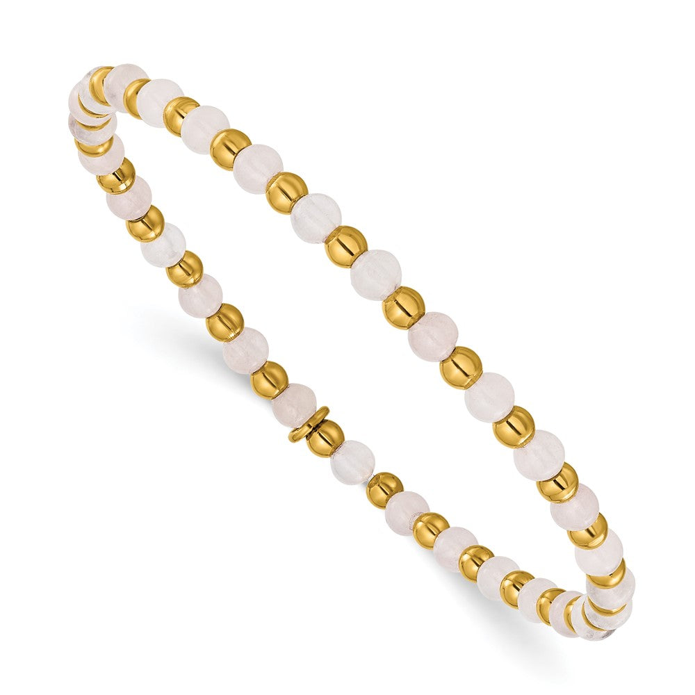 Chisel Stainless Steel Polished Yellow IP-plated 3mm Pink Quartz Beaded 6.25 inch Stretch Bracelet SRB3250