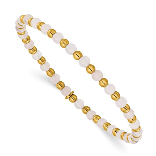 Chisel Stainless Steel Polished Yellow IP-plated 3mm Pink Quartz Beaded 6.25 inch Stretch Bracelet SRB3250