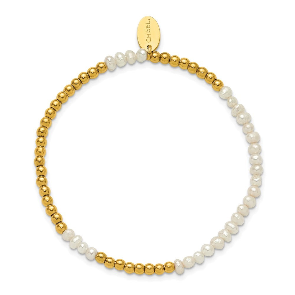 Chisel Stainless Steel Polished Yellow IP-plated 3mm White Freshwater Cultured Pearl Beaded 6.5 inch Stretch Bracelet SRB3251