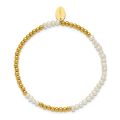 Chisel Stainless Steel Polished Yellow IP-plated 3mm White Freshwater Cultured Pearl Beaded 6.5 inch Stretch Bracelet SRB3251