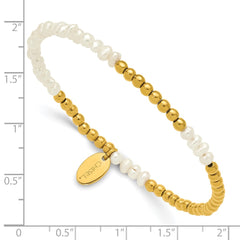 Chisel Stainless Steel Polished Yellow IP-plated 3mm White Freshwater Cultured Pearl Beaded 6.5 inch Stretch Bracelet SRB3251