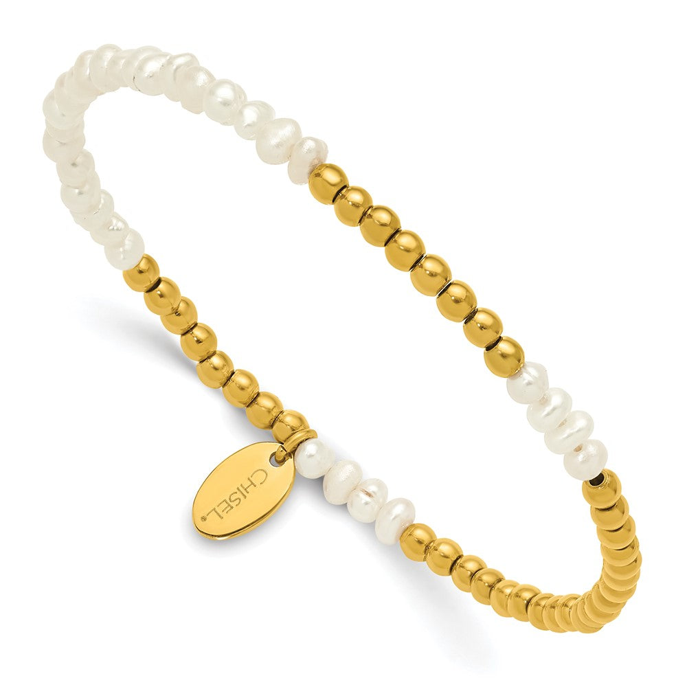 Chisel Stainless Steel Polished Yellow IP-plated 3mm White Freshwater Cultured Pearl Beaded 6.5 inch Stretch Bracelet SRB3251