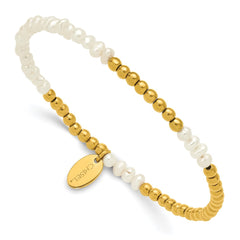 Chisel Stainless Steel Polished Yellow IP-plated 3mm White Freshwater Cultured Pearl Beaded 6.5 inch Stretch Bracelet SRB3251