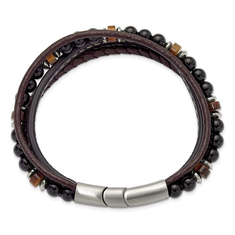 Chisel Stainless Steel Polished Onyx and Tiger Eye Beaded Black and Brown Leather Multi Strand 8 inch Plus .5 inch Extension Bracelet SRB3255-8