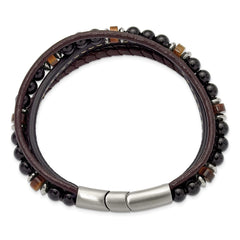 Chisel Stainless Steel Polished Onyx and Tiger Eye Beaded Black and Brown Leather Multi Strand 8 inch Plus .5 inch Extension Bracelet SRB3255-8