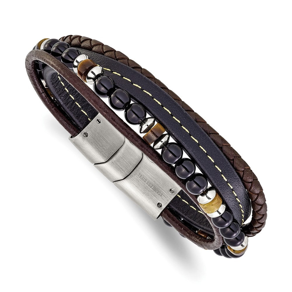 Chisel Stainless Steel Polished Onyx and Tiger Eye Beaded Black and Brown Leather Multi Strand 8 inch Plus .5 inch Extension Bracelet SRB3255-8