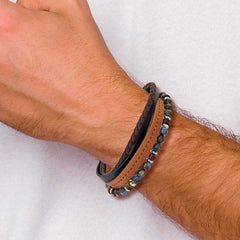 Chisel Stainless Steel Polished Blue Golden and Tiger's Eye Beaded Black and Brown Leather Multi Strand 8 inch Plus .5 inch Extension Bracelet SRB3256-8