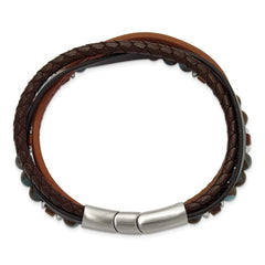 Chisel Stainless Steel Polished Blue Golden and Tiger's Eye Beaded Black and Brown Leather Multi Strand 8 inch Plus .5 inch Extension Bracelet SRB3256-8