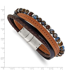 Chisel Stainless Steel Polished Blue Golden and Tiger's Eye Beaded Black and Brown Leather Multi Strand 8 inch Plus .5 inch Extension Bracelet SRB3256-8
