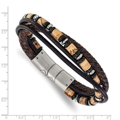 Chisel Stainless Steel Polished Onyx and Picture Jasper Beaded Black and Brown Leather Multi Strand 8 inch Plus .5 inch Extension Bracelet SRB3257-8