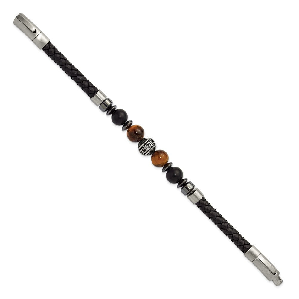 Chisel Stainless Steel Brushed and Polished Onyx and Tiger's Eye Black Leather 8 inch Plus .5 inch Extension Bracelet SRB3260-8