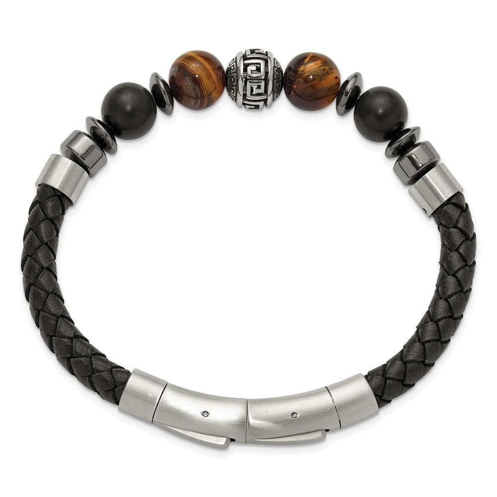 Chisel Stainless Steel Brushed and Polished Onyx and Tiger's Eye Black Leather 8 inch Plus .5 inch Extension Bracelet SRB3260-8
