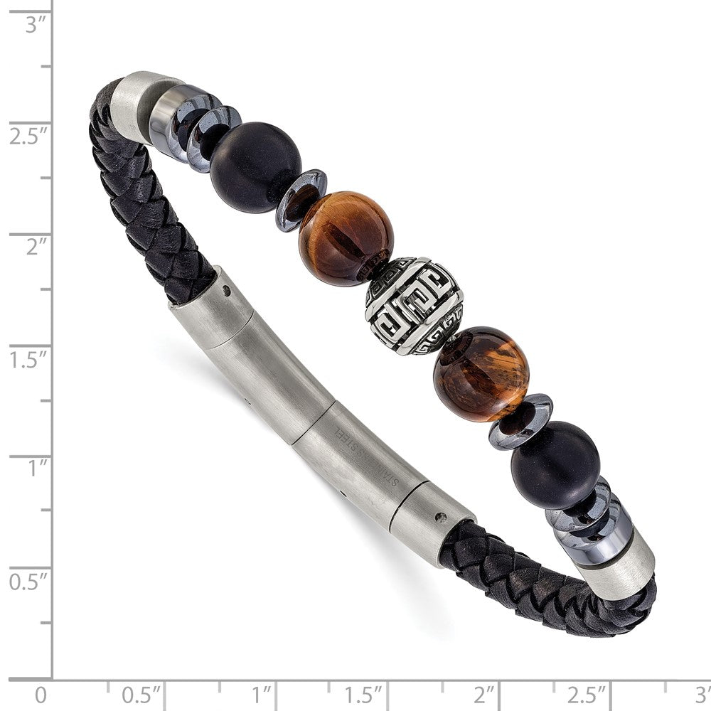 Chisel Stainless Steel Brushed and Polished Onyx and Tiger's Eye Black Leather 8 inch Plus .5 inch Extension Bracelet SRB3260-8