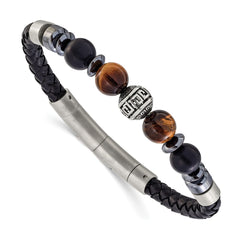 Chisel Stainless Steel Brushed and Polished Onyx and Tiger's Eye Black Leather 8 inch Plus .5 inch Extension Bracelet SRB3260-8