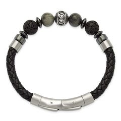 Chisel Stainless Steel Brushed Lava and Tiger's Eye and Hematite Black Leather 8 inch Plus .5 inch Extension Bracelet SRB3261-8