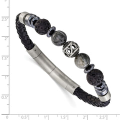 Chisel Stainless Steel Brushed Lava and Tiger's Eye and Hematite Black Leather 8 inch Plus .5 inch Extension Bracelet SRB3261-8