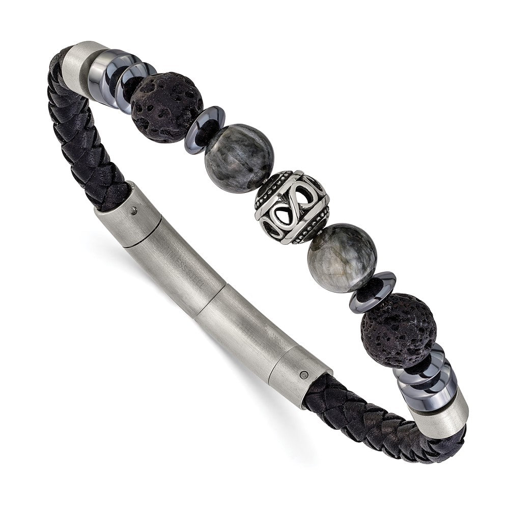Chisel Stainless Steel Brushed Lava and Tiger's Eye and Hematite Black Leather 8 inch Plus .5 inch Extension Bracelet SRB3261-8
