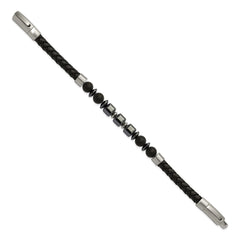 Chisel Stainless Steel Brushed Onyx and Hematite Beaded Black Leather 8 inch Plus .5 inch Extension Bracelet SRB3262-8