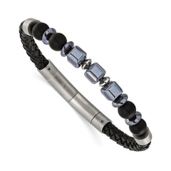 Chisel Stainless Steel Brushed Onyx and Hematite Beaded Black Leather 8 inch Plus .5 inch Extension Bracelet SRB3262-8