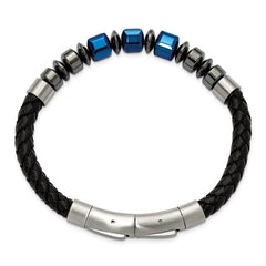 Chisel Stainless Steel Polished Blue-plated Onyx and Hematite Beaded Black Leather 8 inch Plus .5 inch Extension Bracelet SRB3263-8