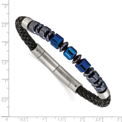 Chisel Stainless Steel Polished Blue-plated Onyx and Hematite Beaded Black Leather 8 inch Plus .5 inch Extension Bracelet SRB3263-8