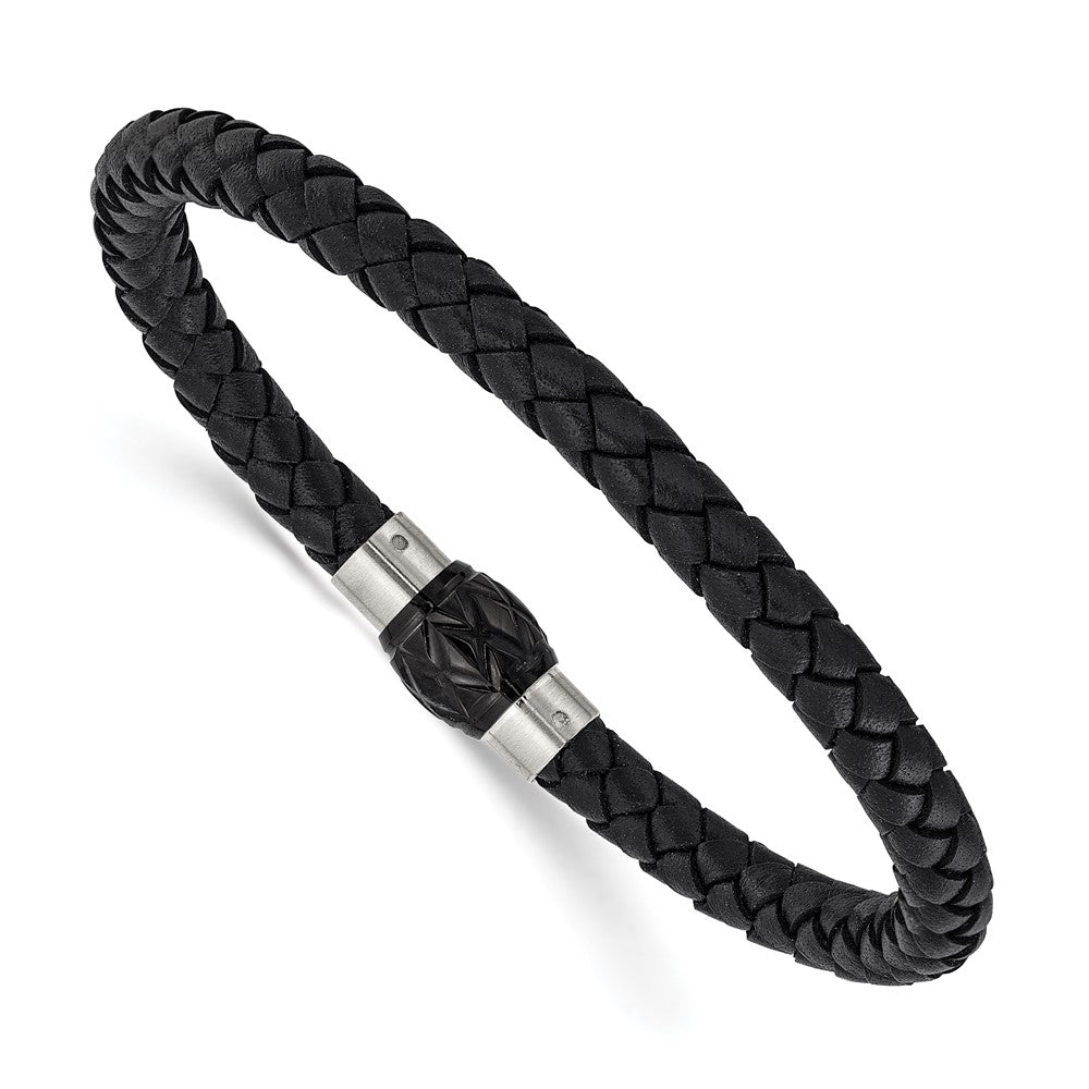 Chisel Stainless Steel Brushed and Polished Black Woven Leather 8.5 inch Bracelet SRB3267-8.5