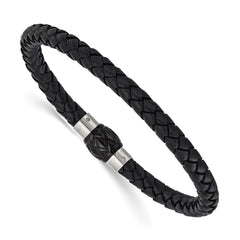 Chisel Stainless Steel Brushed and Polished Black Woven Leather 8.5 inch Bracelet SRB3267-8.5