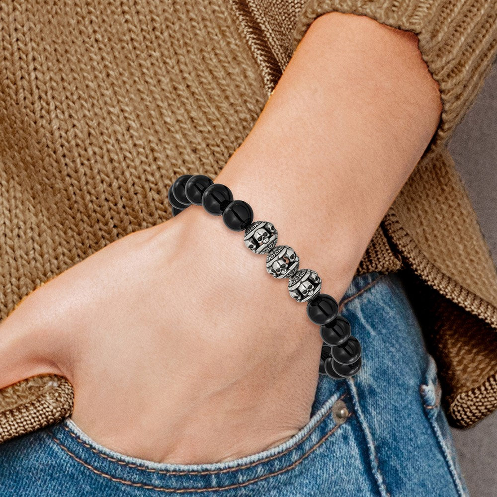 Chisel Stainless Steel Antiqued and Polished Skull Beads and Black Onyx 7.5 inch Stretch Bracelet SRB3270