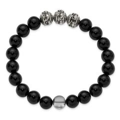 Chisel Stainless Steel Antiqued and Polished Skull Beads and Black Onyx 7.5 inch Stretch Bracelet SRB3270