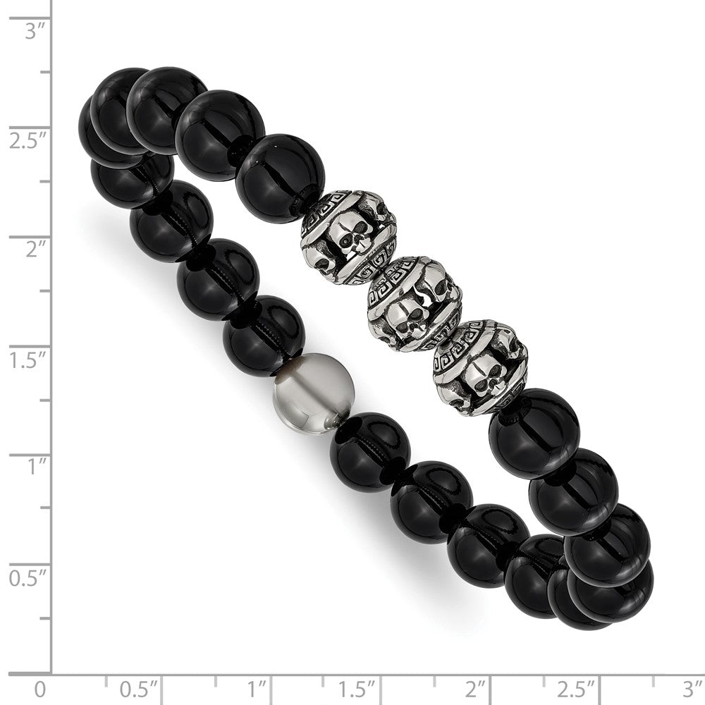 Chisel Stainless Steel Antiqued and Polished Skull Beads and Black Onyx 7.5 inch Stretch Bracelet SRB3270