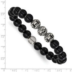Chisel Stainless Steel Antiqued and Polished Skull Beads and Black Onyx 7.5 inch Stretch Bracelet SRB3270