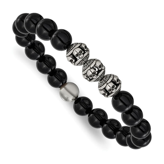 Chisel Stainless Steel Antiqued and Polished Skull Beads and Black Onyx 7.5 inch Stretch Bracelet SRB3270