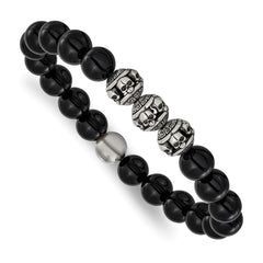 Chisel Stainless Steel Antiqued and Polished Skull Beads and Black Onyx 7.5 inch Stretch Bracelet SRB3270