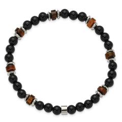 Chisel Stainless Steel Polished 6.710mm Black Onyx and Tiger's Eye Beaded 7.75 inch Stretch Bracelet SRB3273