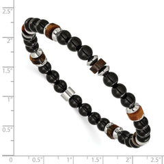 Chisel Stainless Steel Polished 6.710mm Black Onyx and Tiger's Eye Beaded 7.75 inch Stretch Bracelet SRB3273