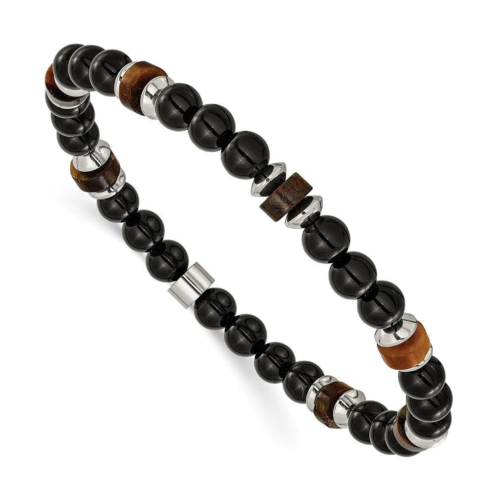 Chisel Stainless Steel Polished 6.710mm Black Onyx and Tiger's Eye Beaded 7.75 inch Stretch Bracelet SRB3273