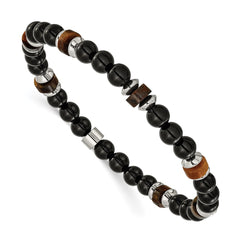 Chisel Stainless Steel Polished 6.710mm Black Onyx and Tiger's Eye Beaded 7.75 inch Stretch Bracelet SRB3273