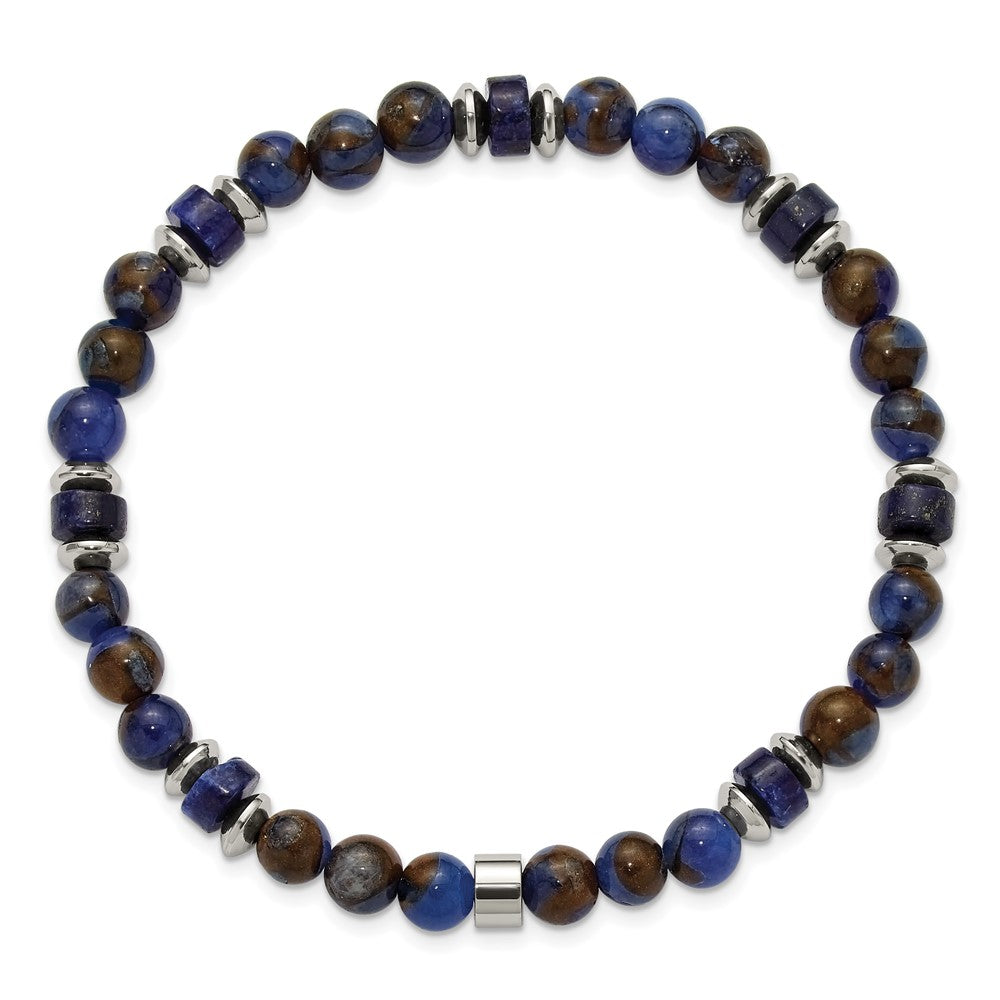 Chisel Stainless Steel Polished 6.50mm Blue Golden and Lapis Beaded 7.75 inch Stretch Bracelet SRB3274