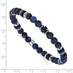 Chisel Stainless Steel Polished 6.50mm Blue Golden and Lapis Beaded 7.75 inch Stretch Bracelet SRB3274